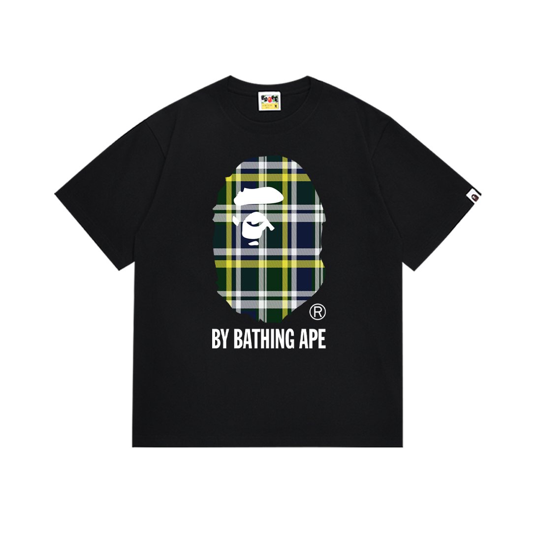 BAPE Green/Yellow Plaid Ape Head Graphic T-Shirt — hero