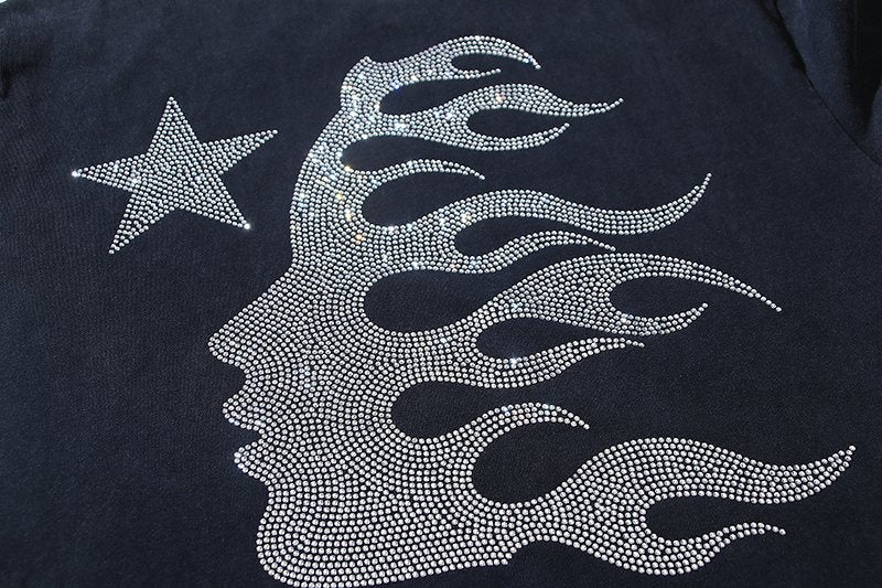 Hellstar Rhinestone Skull & Flame Graphic T-Shirt — fabric_closeup