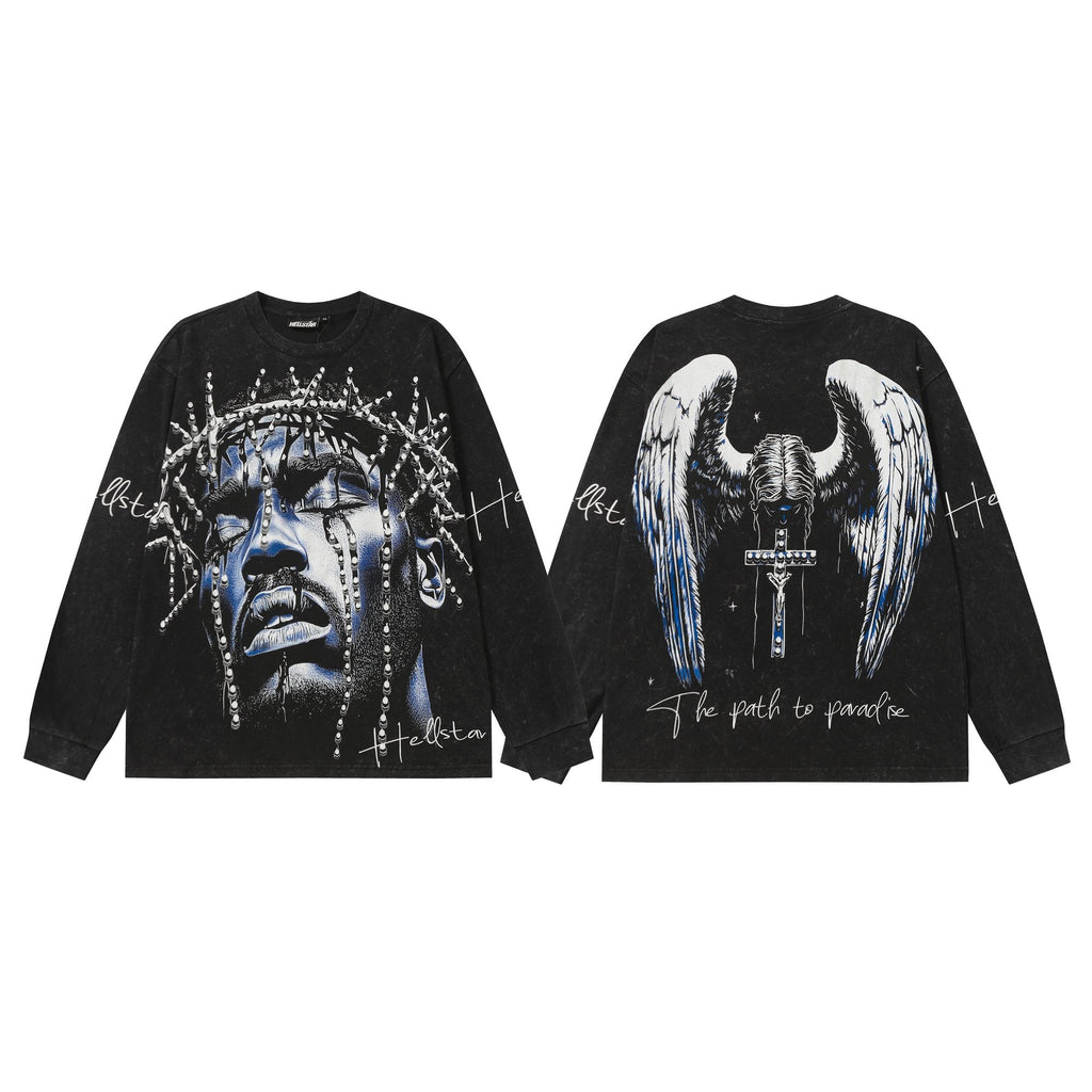 Hellstar Washed Black Wing Cross Long-Sleeve T-Shirt — hero