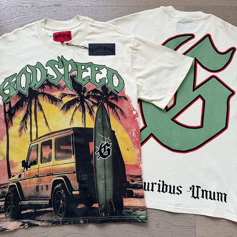 Godspeed Cream Sunset Car Graphic T-Shirt — context