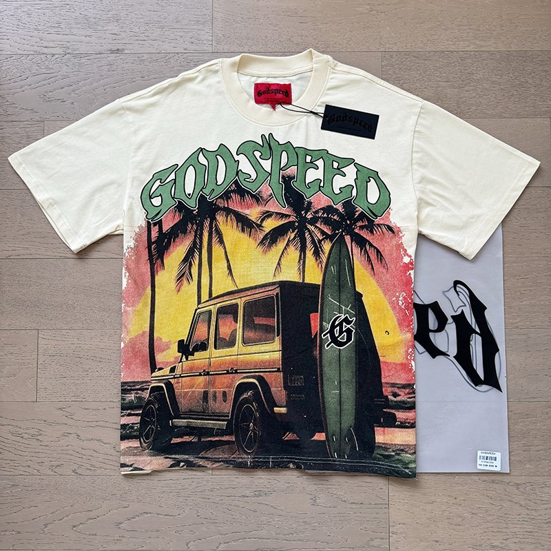 Godspeed Cream Sunset Car Graphic T-Shirt — context