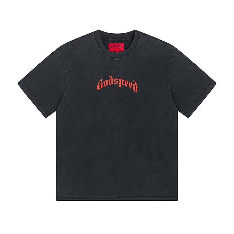Godspeed Washed Black Skull Floral Graphic T-Shirt — front