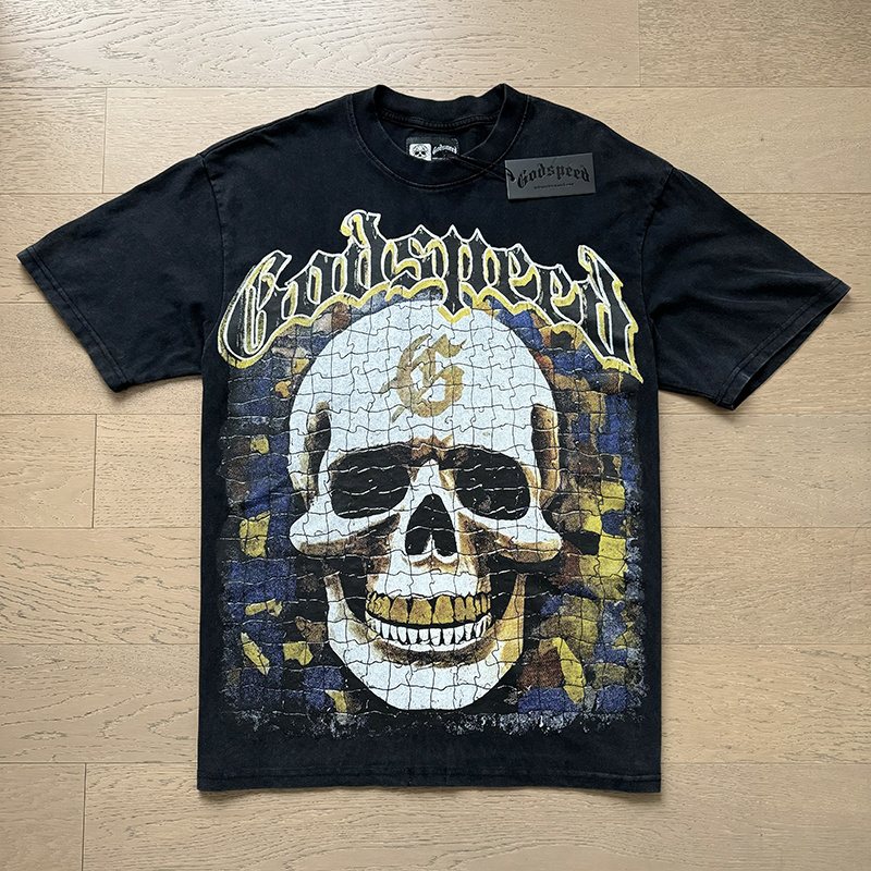 Godspeed Washed Black Skull & Sun-Eye Graphic T-Shirt — context