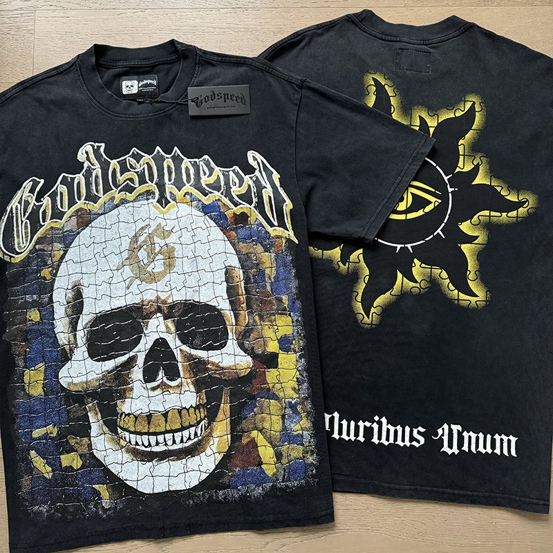 Godspeed Washed Black Skull & Sun-Eye Graphic T-Shirt — context