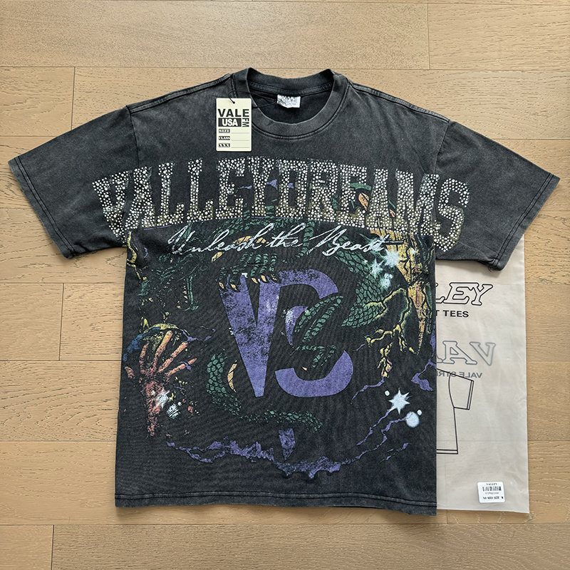 VALE USA Rhinestone Graphic Washed Black T-Shirt — context