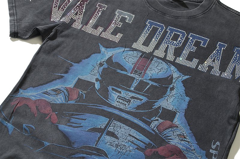 VALE USA Rhinestone Football Graphic Washed T-Shirt — detail