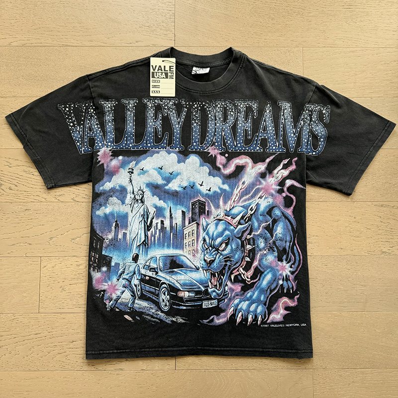 VALE USA Washed Black Rhinestone Graphic T-Shirt — front