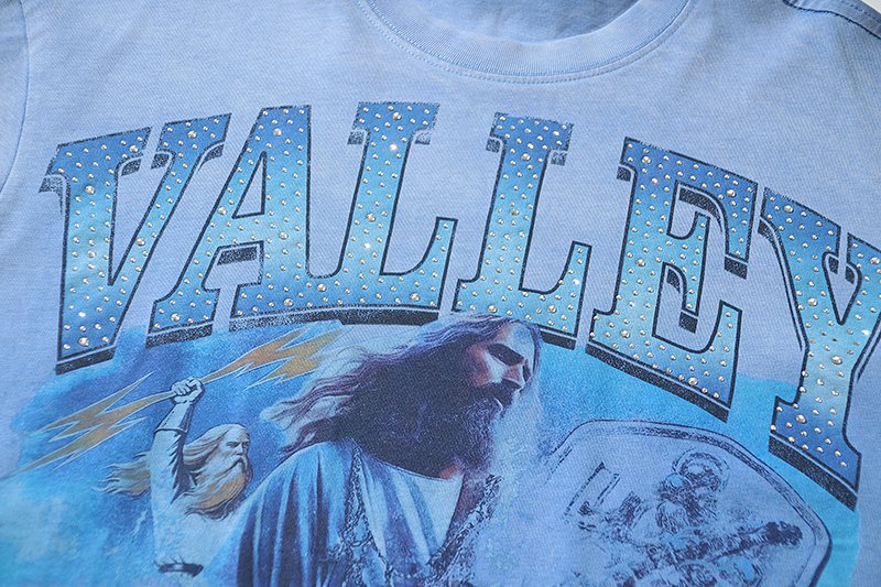 VALE USA Washed Light Blue Rhinestone Graphic T-Shirt — detail
