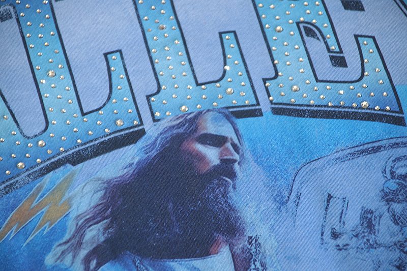 VALE USA Washed Light Blue Rhinestone Graphic T-Shirt — detail