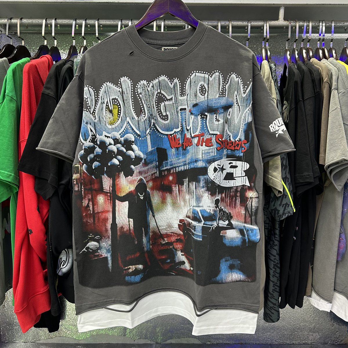 Rough Play Dark Gray Skull City Graphic T-Shirt — context