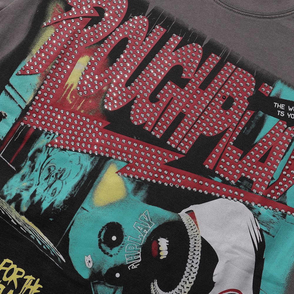 Rough Play Green Mask Dice Rhinestone Graphic T-Shirt — detail