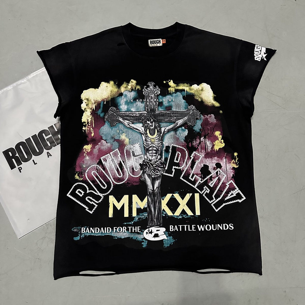 Rough Play Skeleton Cross Rhinestone Sleeveless T-Shirt — context