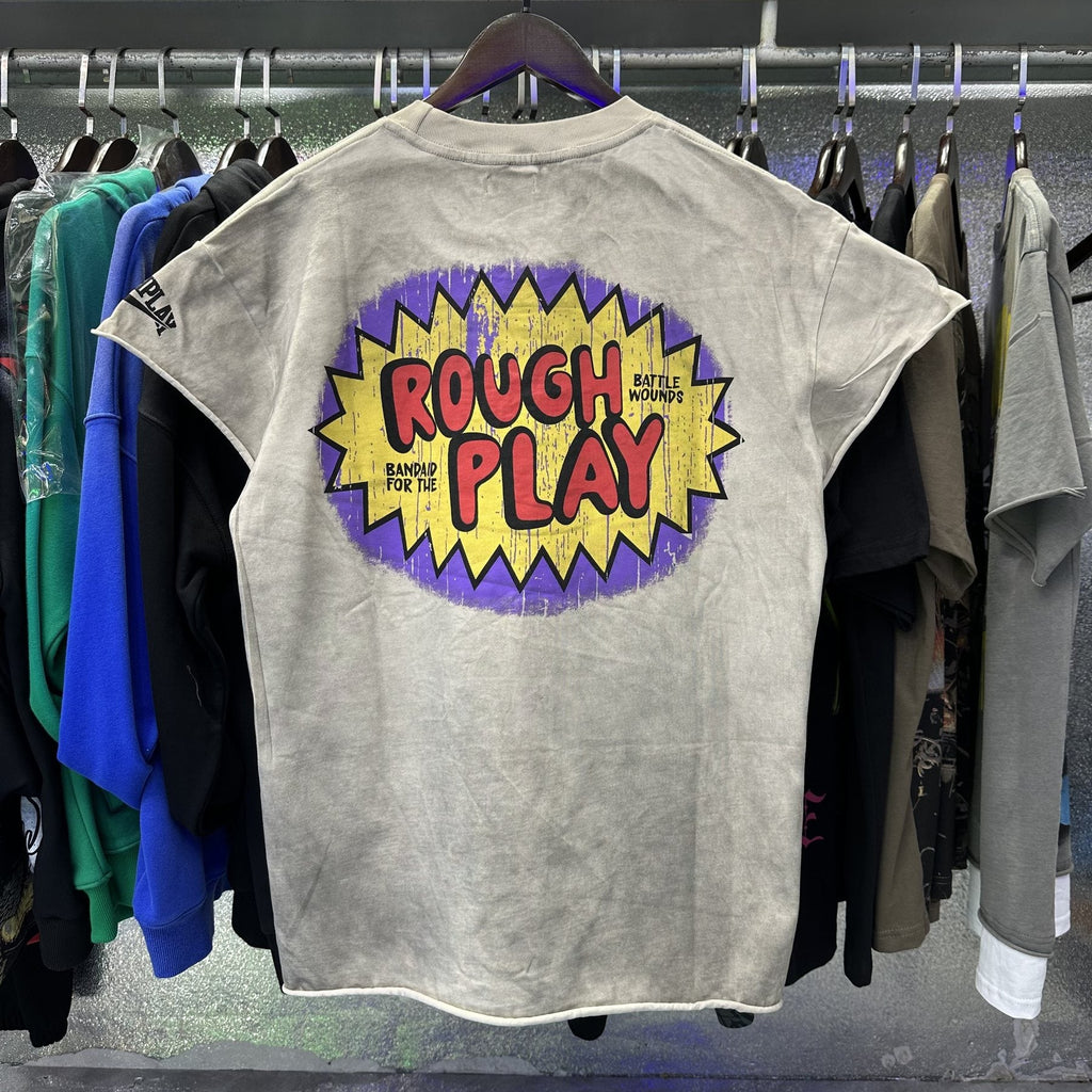 Rough Play Rhinestone Cartoon Graphic Distressed T-Shirt — context