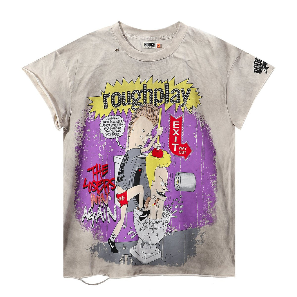 Rough Play Rhinestone Cartoon Graphic Distressed T-Shirt — hero