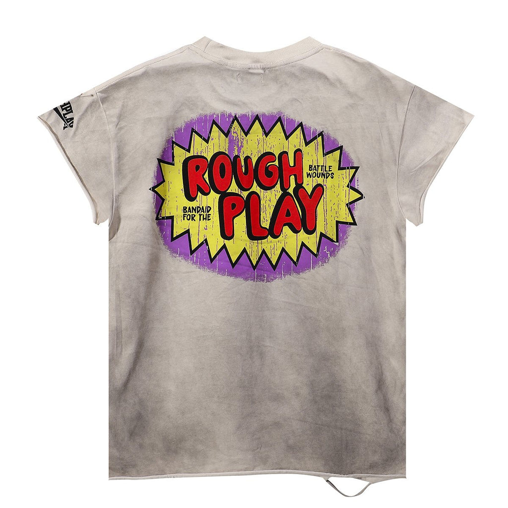Rough Play Rhinestone Cartoon Graphic Distressed T-Shirt — back