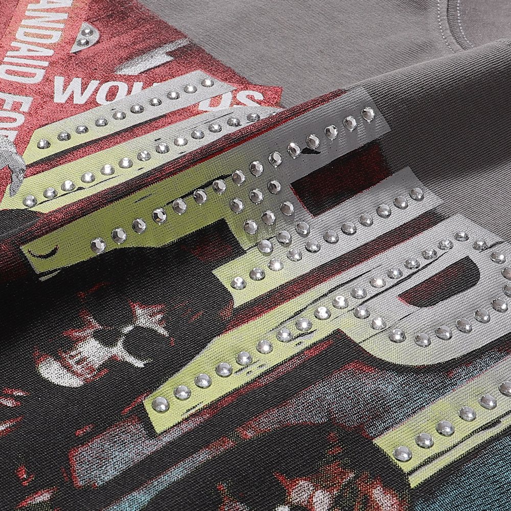 Rough Play Skeleton Rhinestone Distressed T-Shirt — detail
