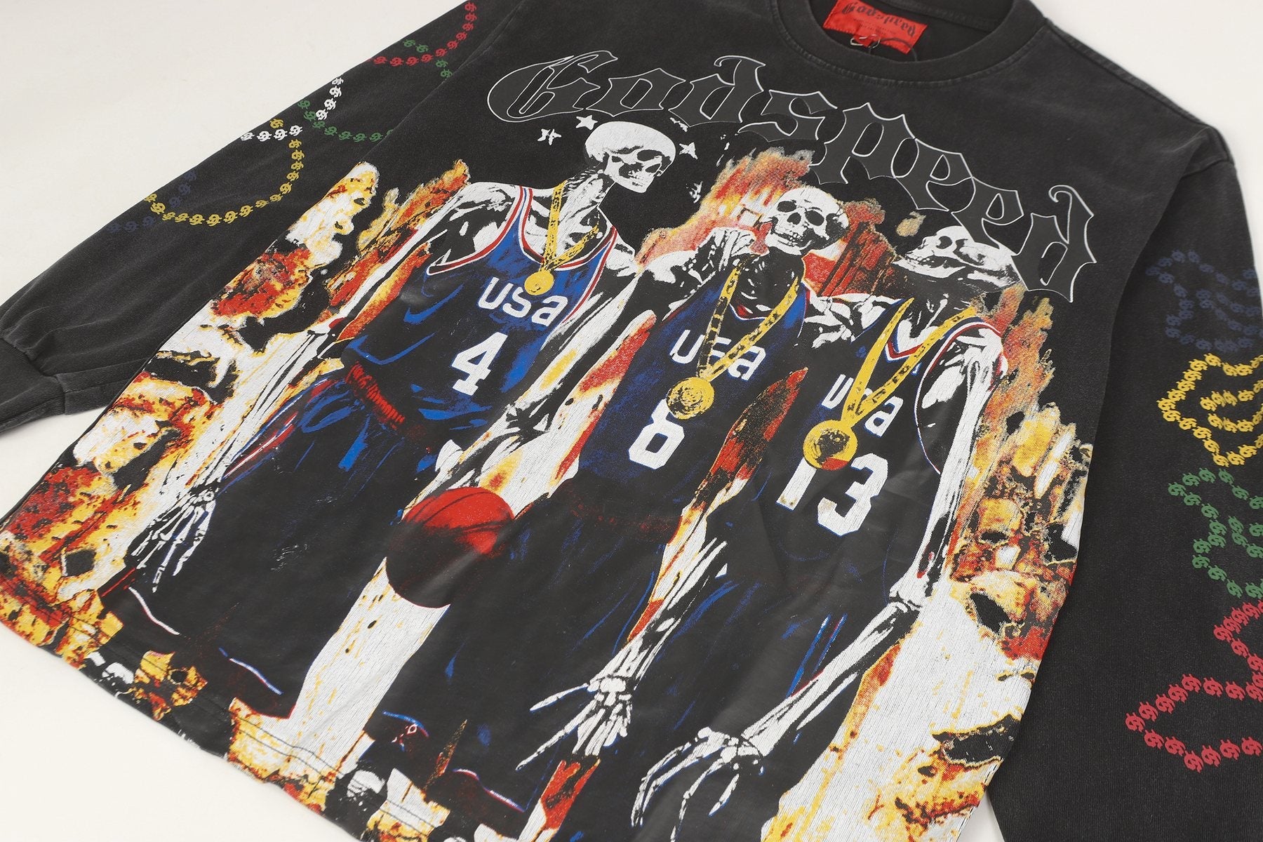 Godspeed Skeleton Basketball Graphic Long-Sleeve T-Shirt — detail