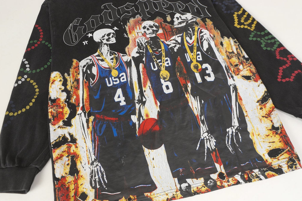 Godspeed Skeleton Basketball Graphic Long-Sleeve T-Shirt — detail