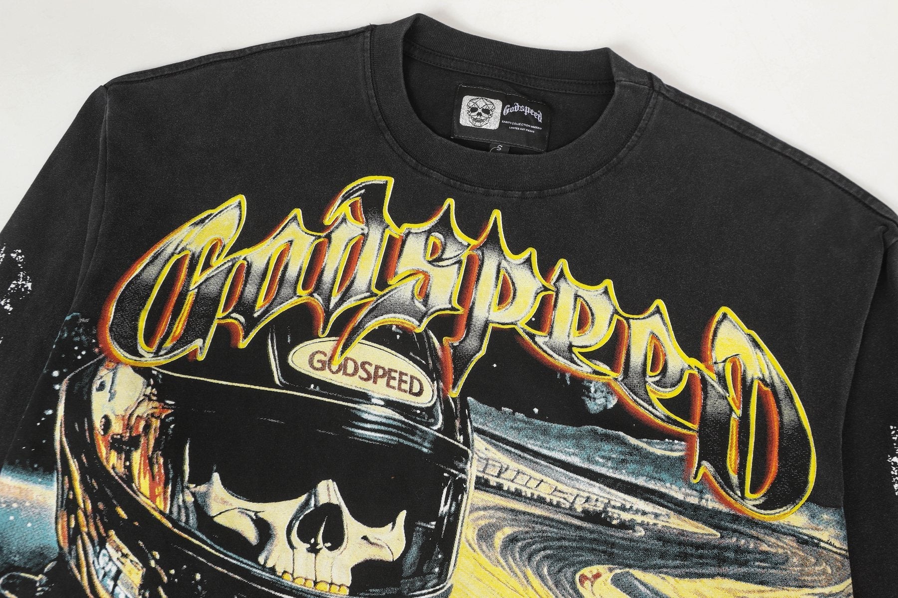 Godspeed Washed Black Racing Skull Long-Sleeve T-Shirt — detail