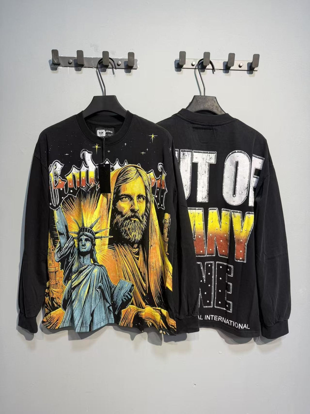 Godspeed Out of Many One Washed Black Long-Sleeve Graphic T-Shirt — context