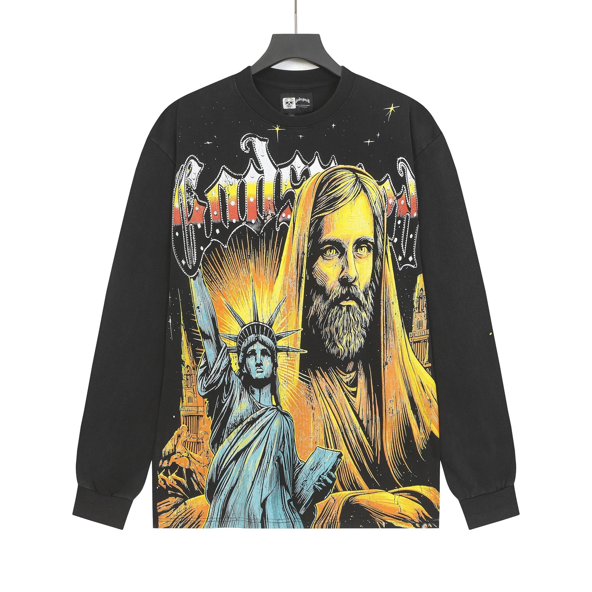 Godspeed Out of Many One Washed Black Long-Sleeve Graphic T-Shirt — hero