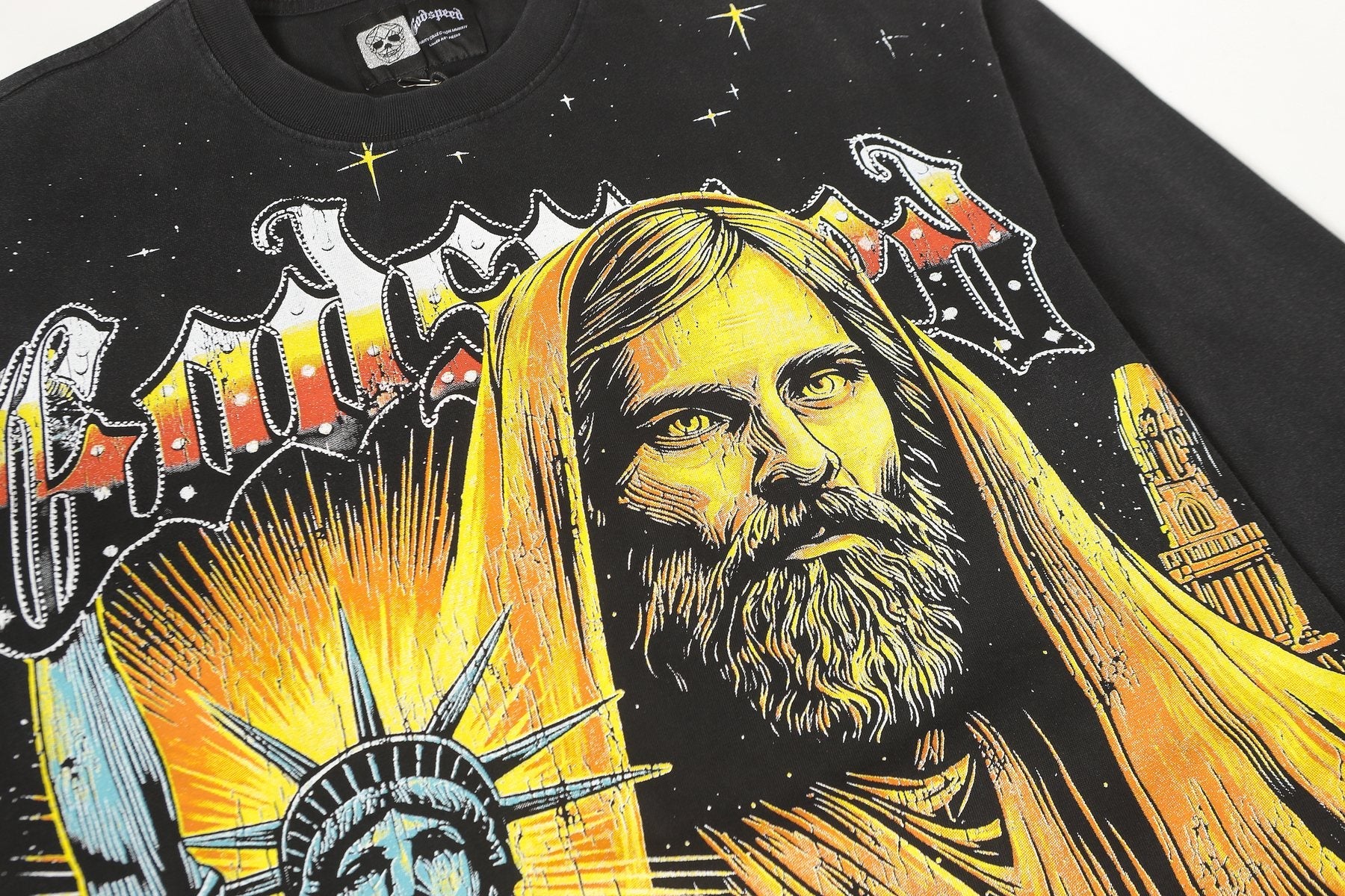 Godspeed Out of Many One Washed Black Long-Sleeve Graphic T-Shirt — detail