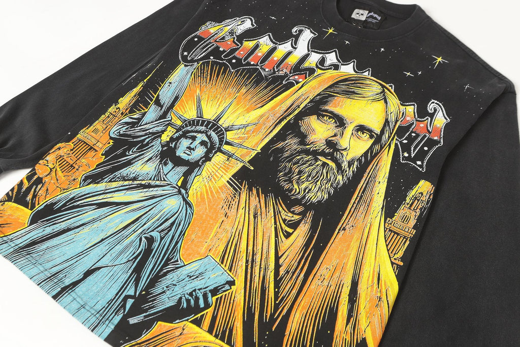 Godspeed Out of Many One Washed Black Long-Sleeve Graphic T-Shirt — detail