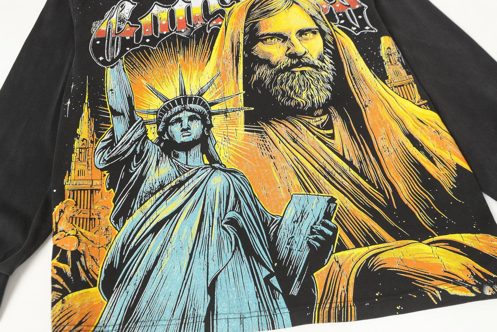 Godspeed Out of Many One Washed Black Long-Sleeve Graphic T-Shirt — detail