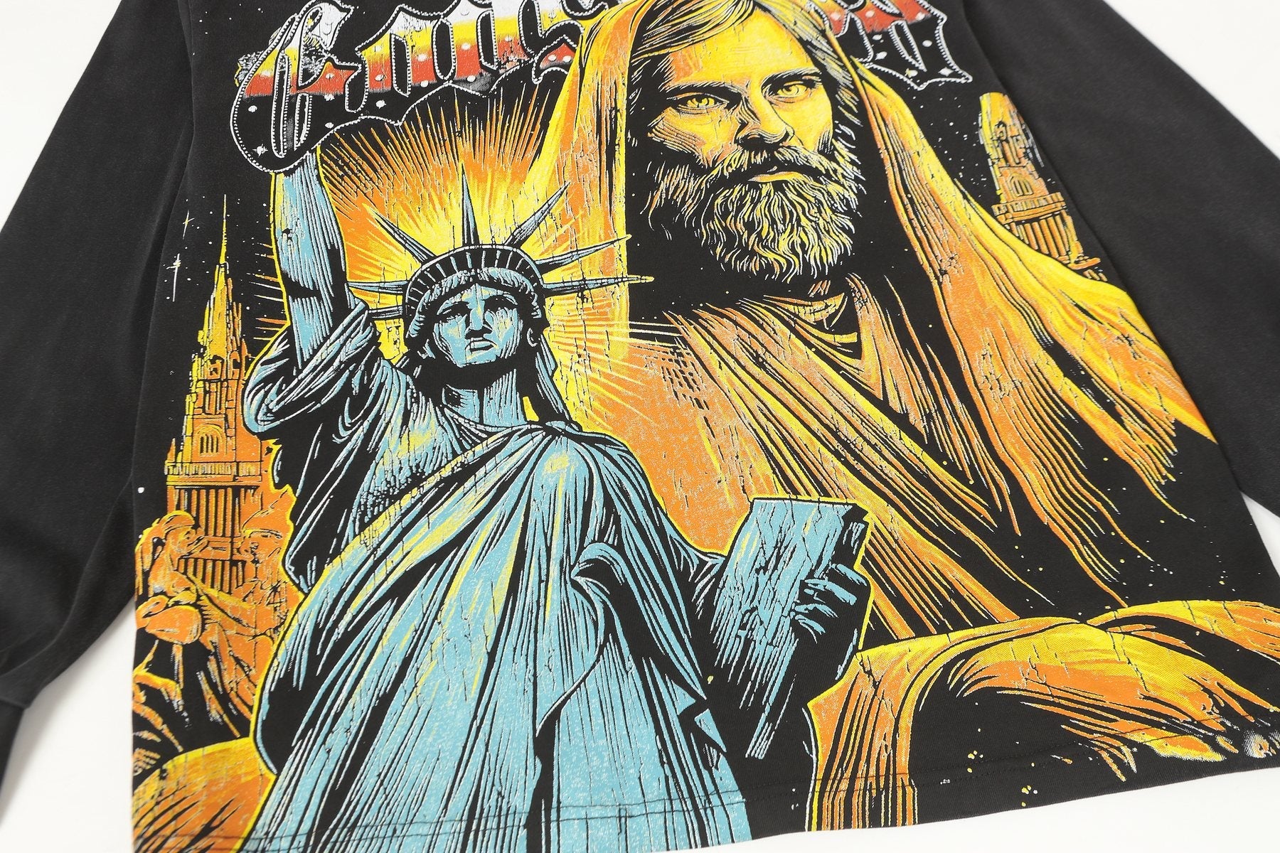 Godspeed Out of Many One Washed Black Long-Sleeve Graphic T-Shirt — detail
