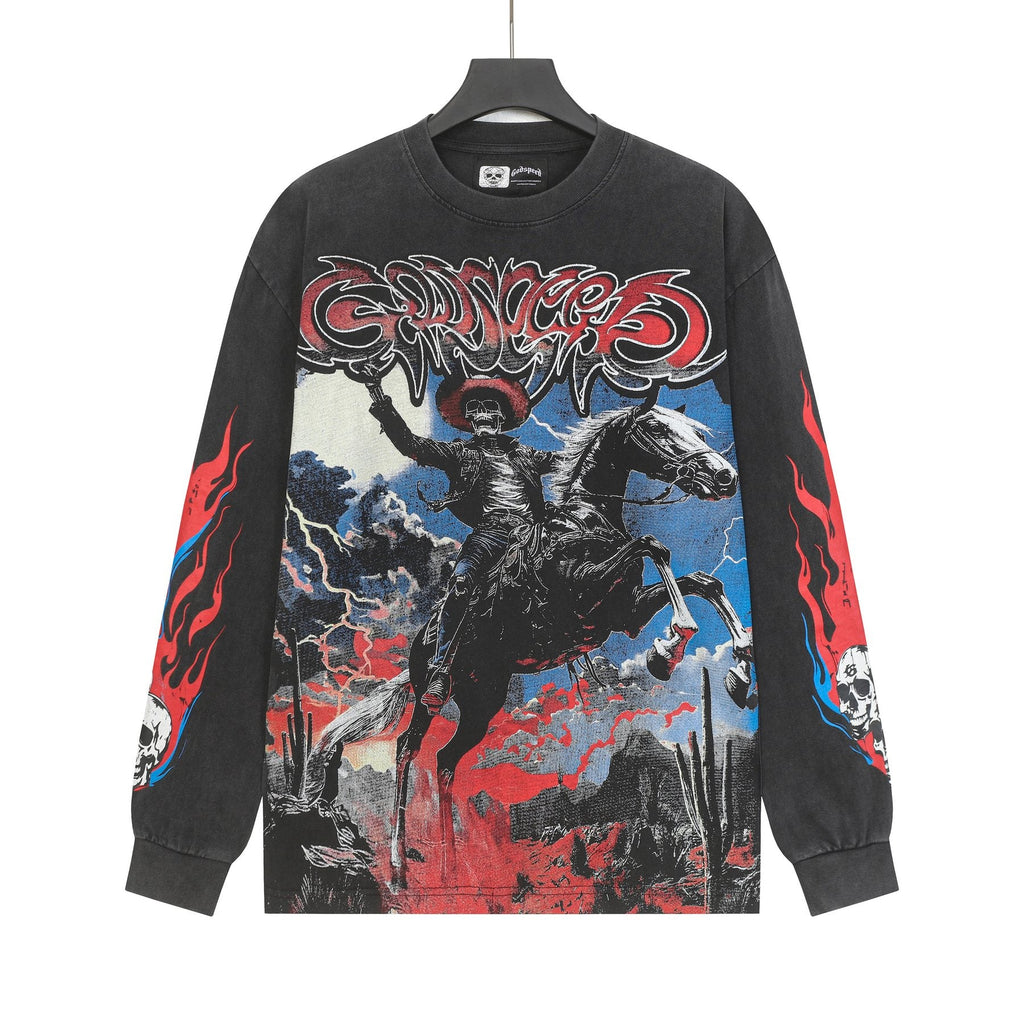 Godspeed Washed Black Cowboy Graphic Long-Sleeve T-Shirt — front