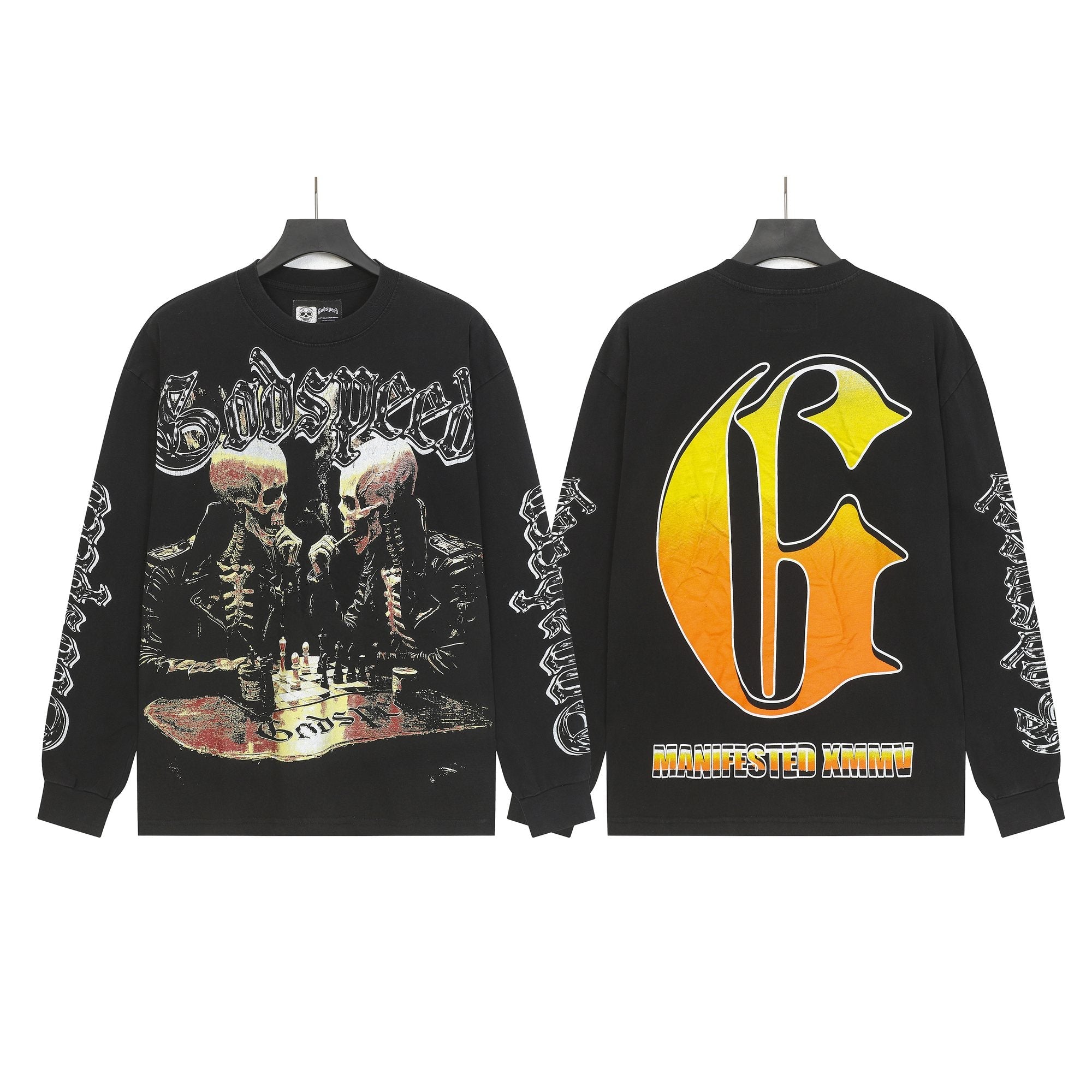 Godspeed Washed Black Skeleton Chess Graphic Long-Sleeve T-Shirt — hero