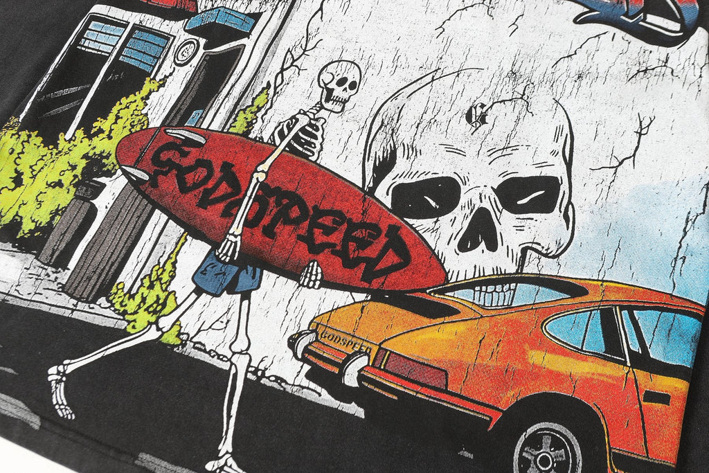 Godspeed Washed Black Skeleton Car Graphic Long-Sleeve T-Shirt — detail