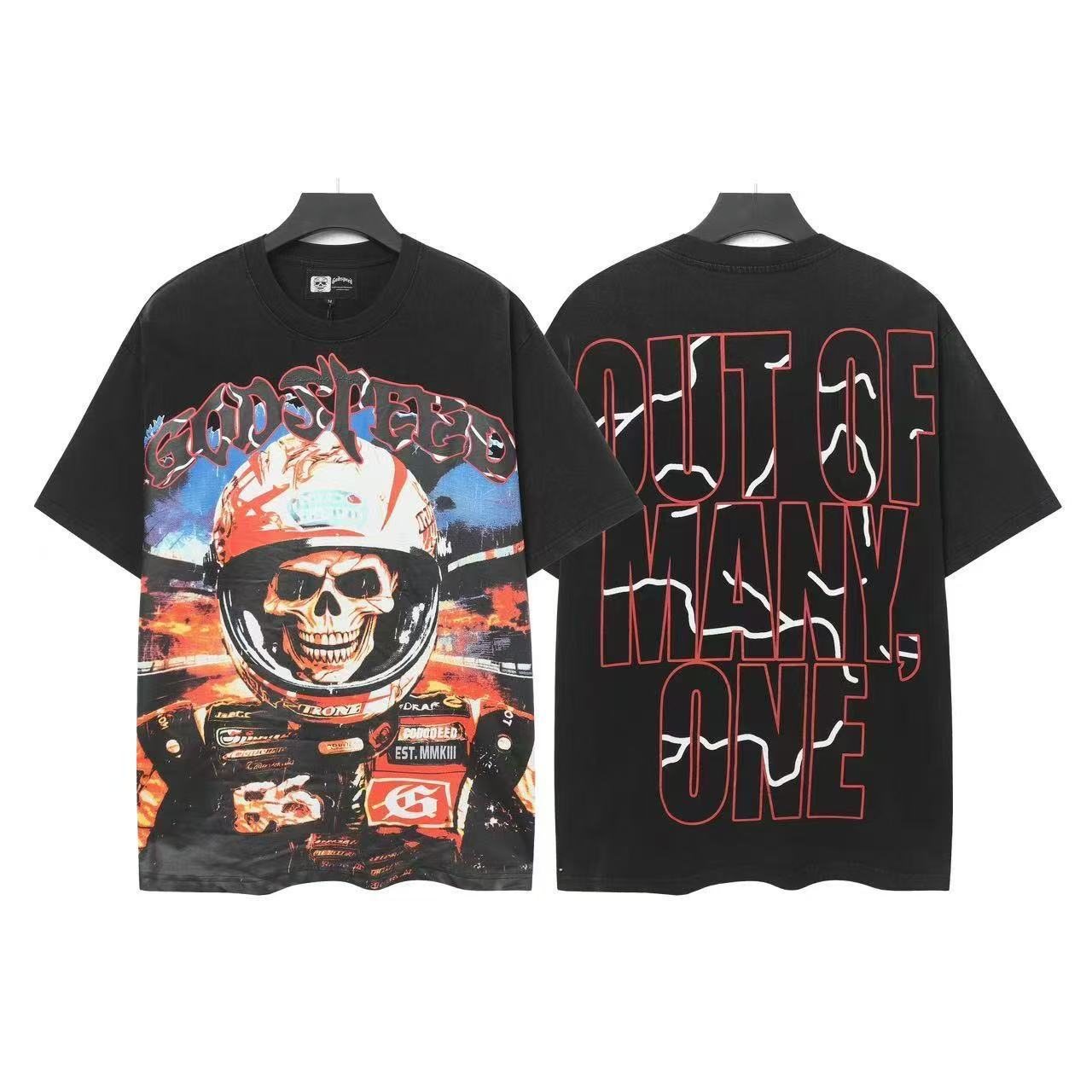 Godspeed Out Of Many One Racing Skull Graphic T-Shirt — front