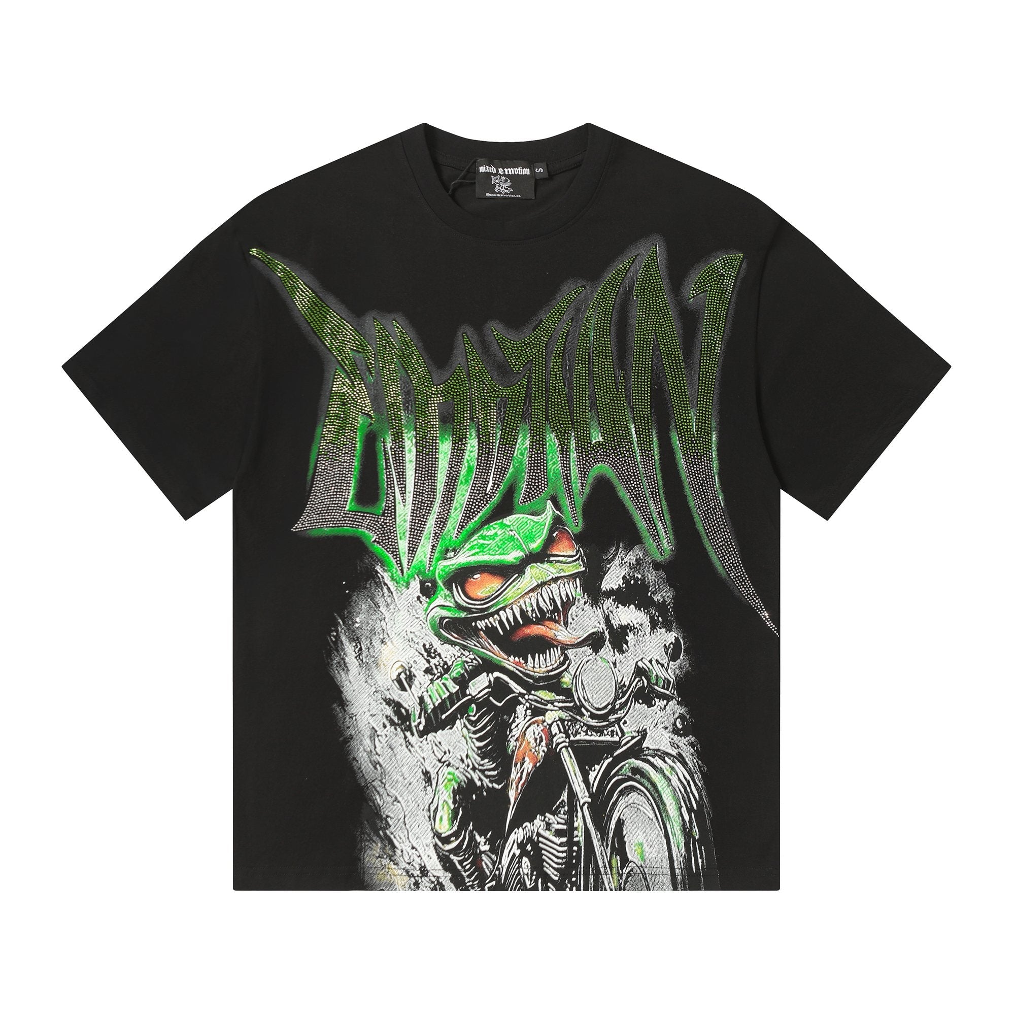 MIXED EMOTION Green Graphic Rhinestone T-Shirt — hero