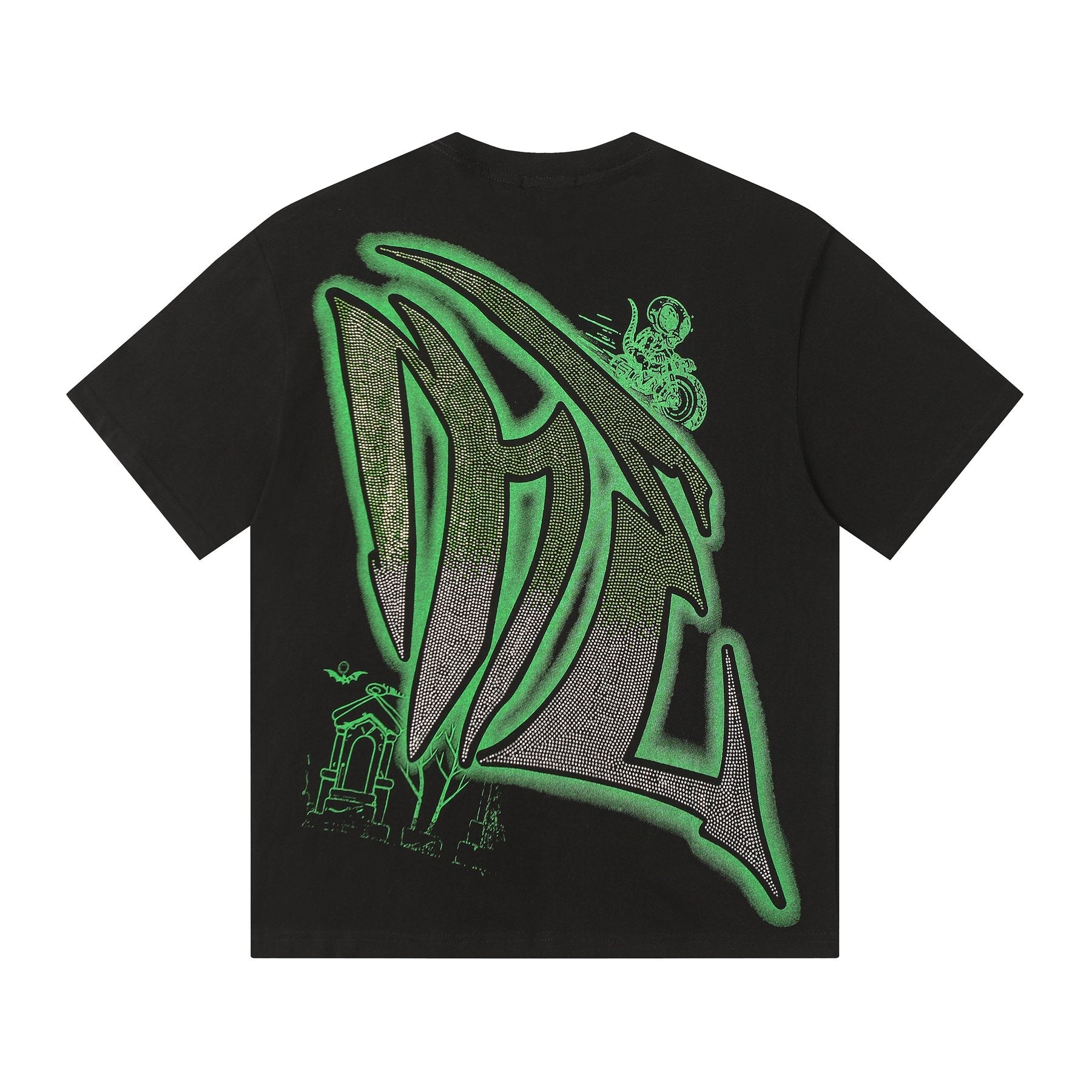 MIXED EMOTION Green Graphic Rhinestone T-Shirt — back