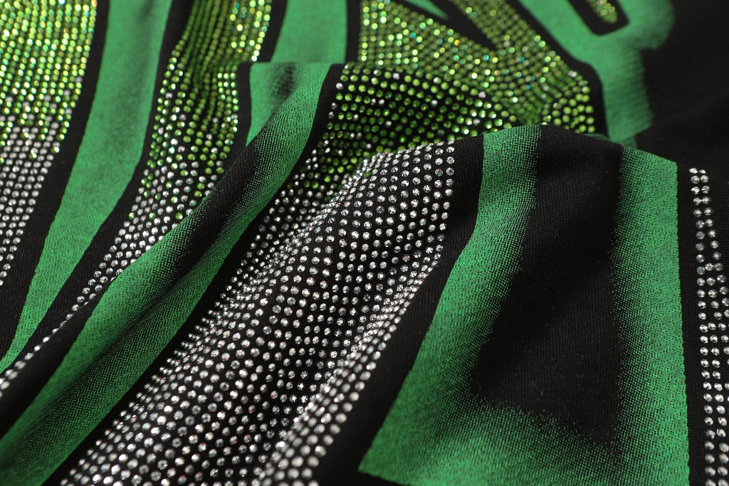 MIXED EMOTION Green Graphic Rhinestone T-Shirt — detail