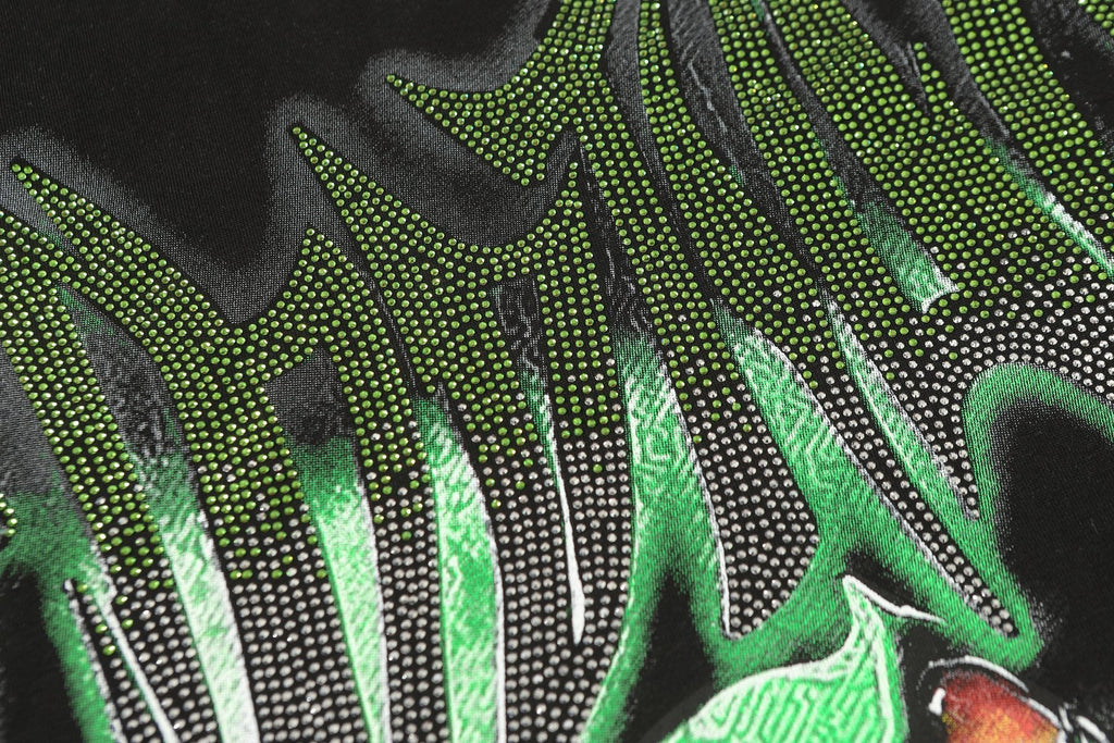 MIXED EMOTION Green Graphic Rhinestone T-Shirt — detail