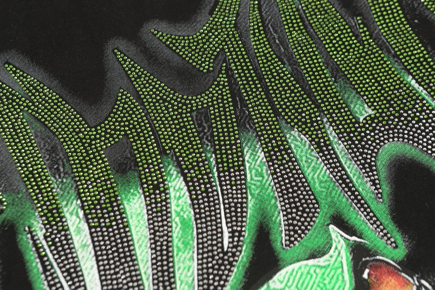 MIXED EMOTION Green Graphic Rhinestone T-Shirt — detail