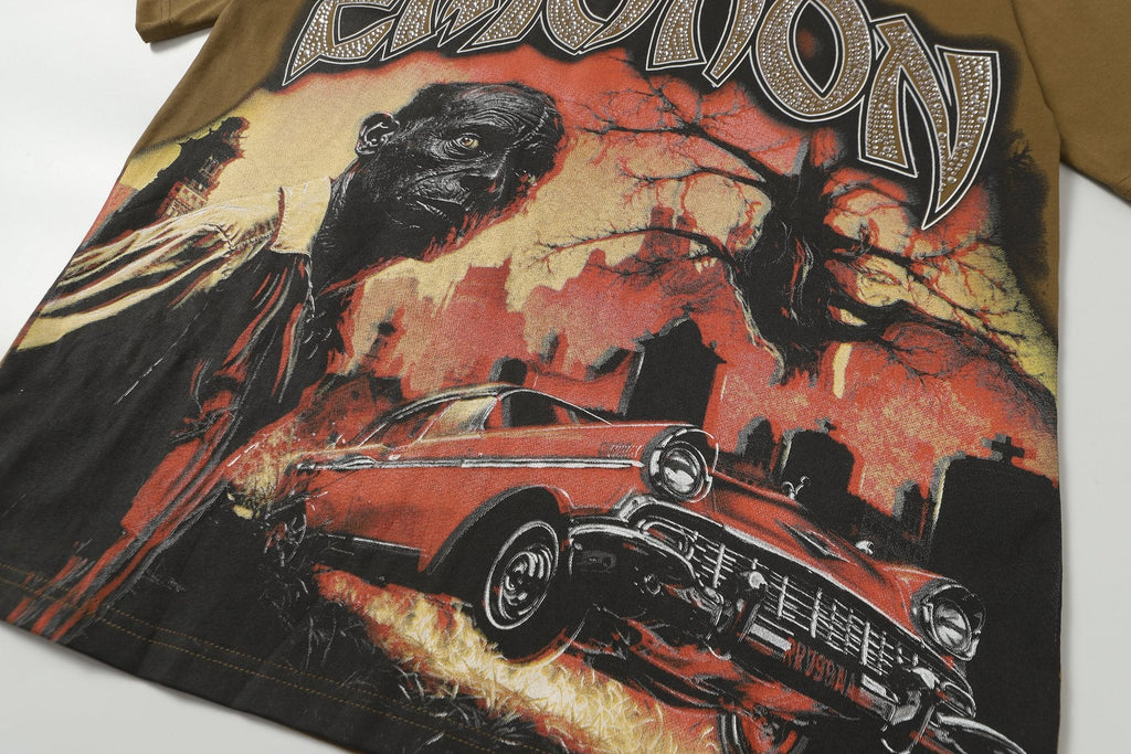 MIXED EMOTION Olive Brown Graphic T-Shirt — detail