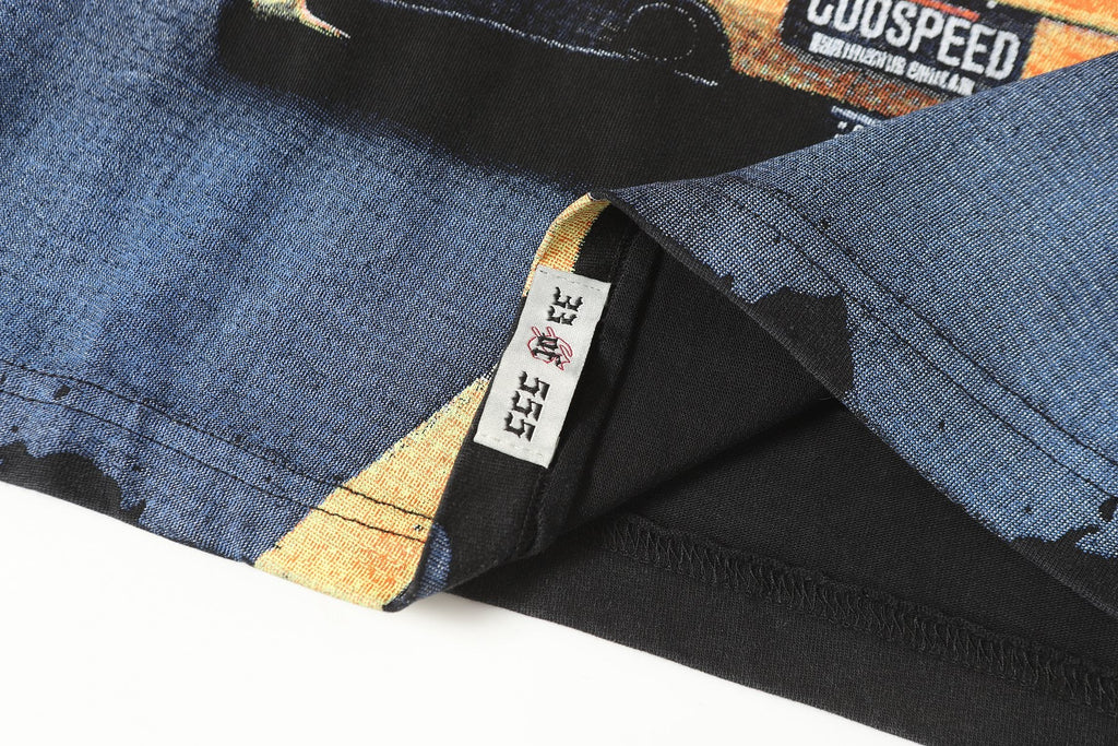 Godspeed Washed Black Racing Car Graphic T-Shirt — fabric_closeup