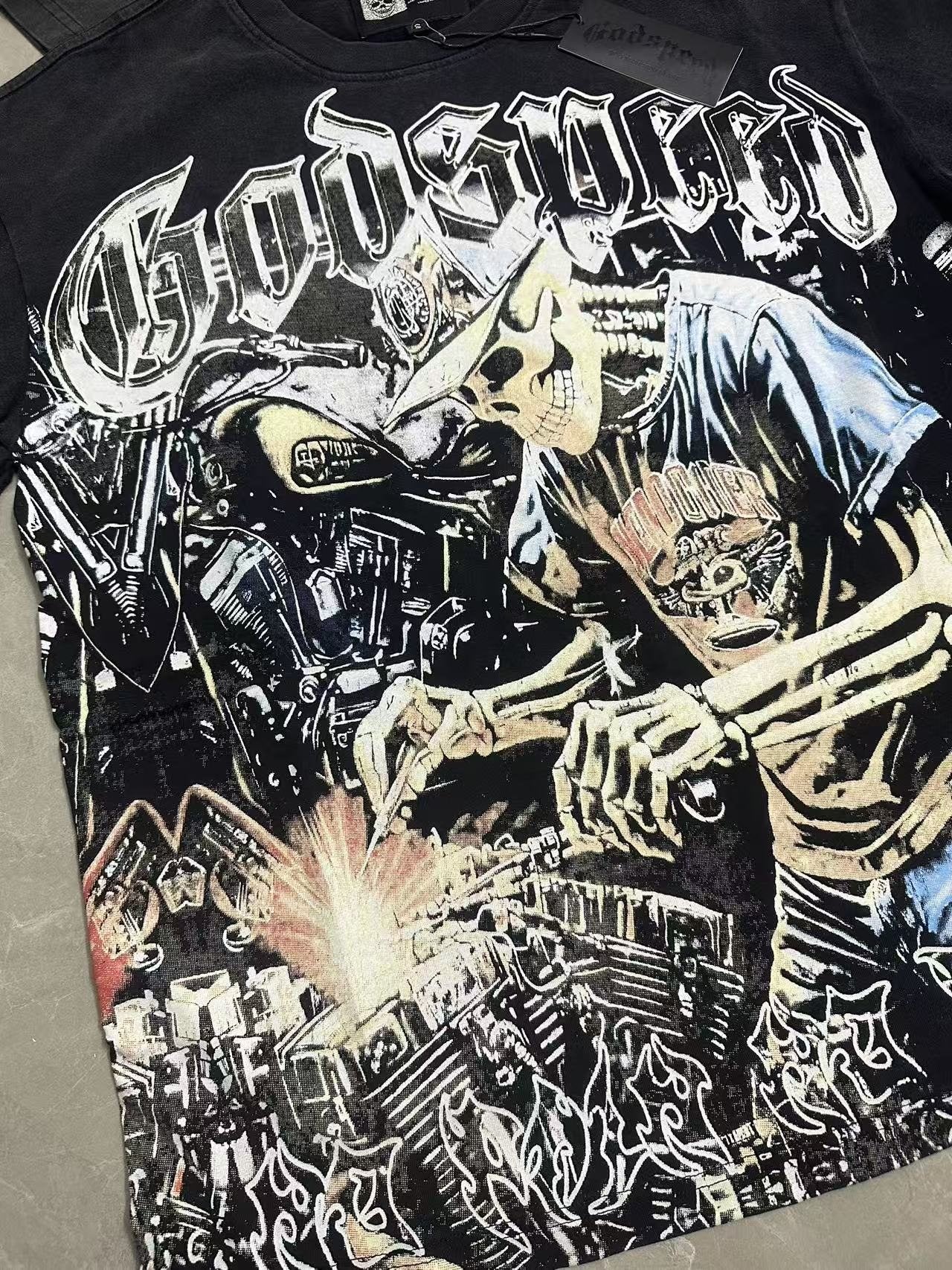 Godspeed No Pain No Gain Washed Black Graphic T-Shirt — detail