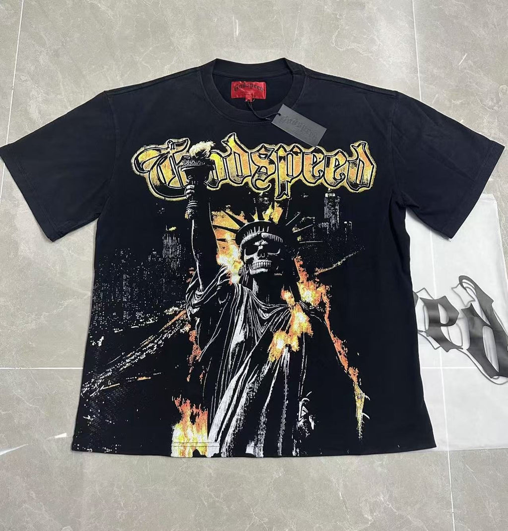 Godspeed Washed Black Statue Graphic T-Shirt — front