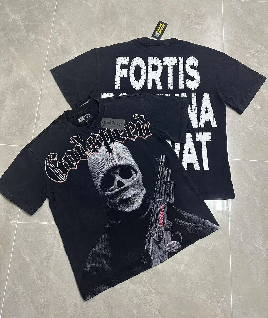 Godspeed Fortis Fortuna Washed Black Graphic T-Shirt — comparison