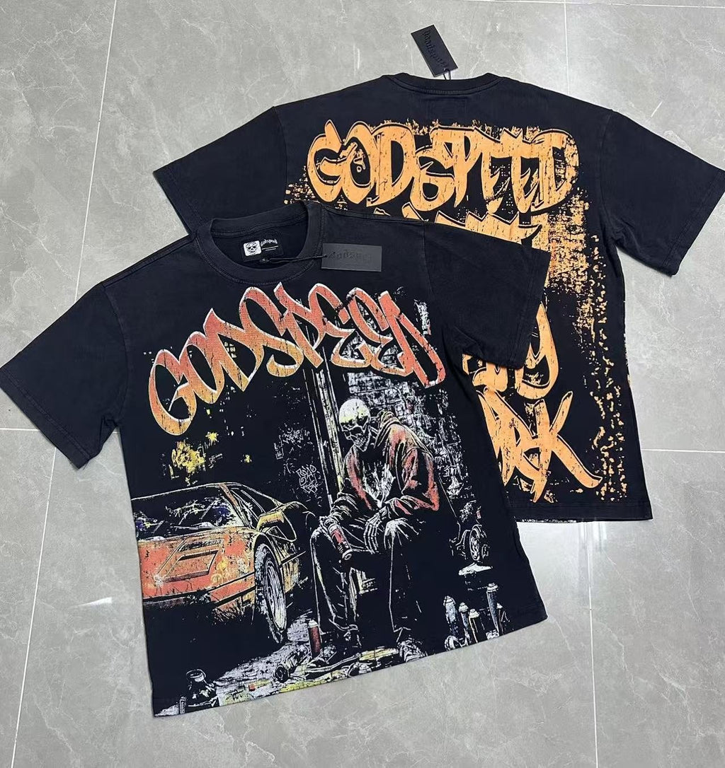 Godspeed Street Graffiti Skeleton Car Graphic T-Shirt — context