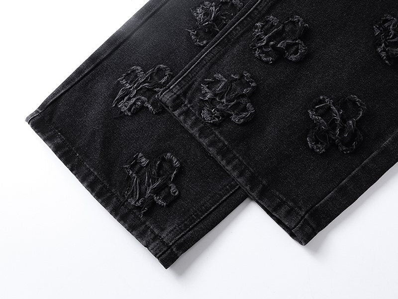 Ksubi Black Distressed Cross Embroidered Straight-Leg Jeans — detail