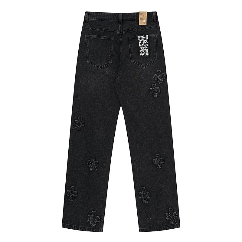 Ksubi Black Distressed Cross Embroidered Straight-Leg Jeans — back