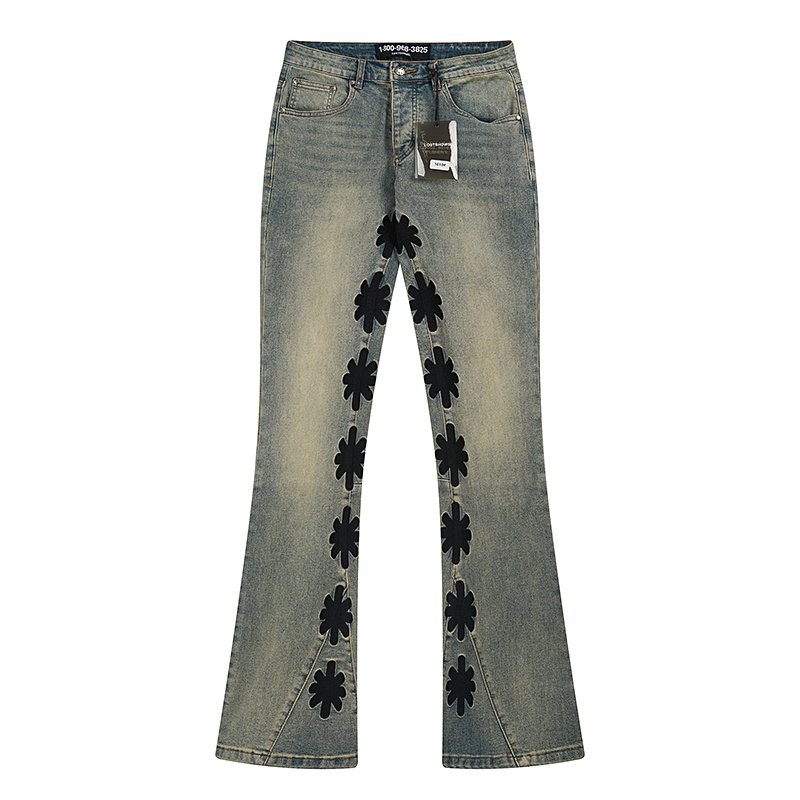 LOSTSHDWS Floral Applique Light Blue Flare Jeans — front