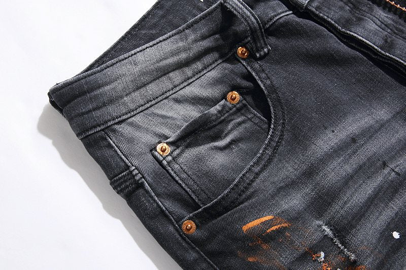 Purple Brand Black Distressed Paint Splatter Jeans — detail