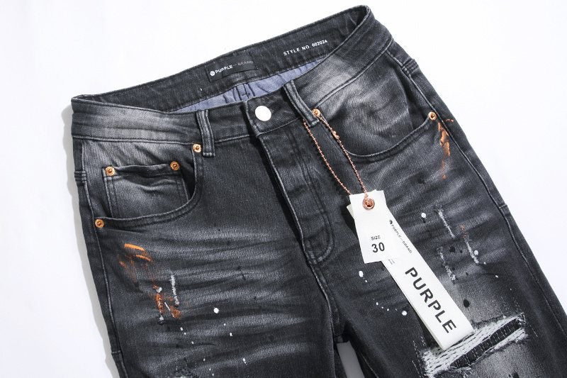 Purple Brand Black Distressed Paint Splatter Jeans — detail