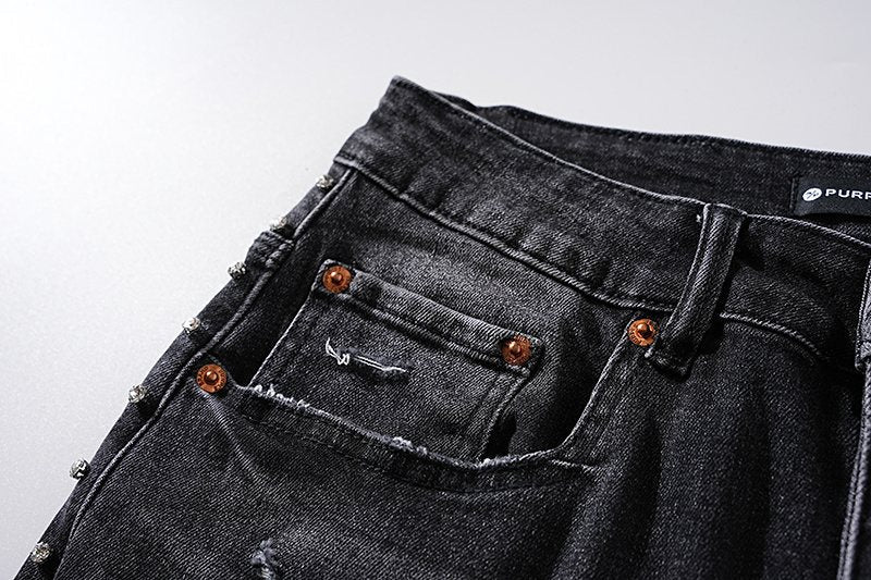 Purple Brand Black Distressed Studded Jeans — detail